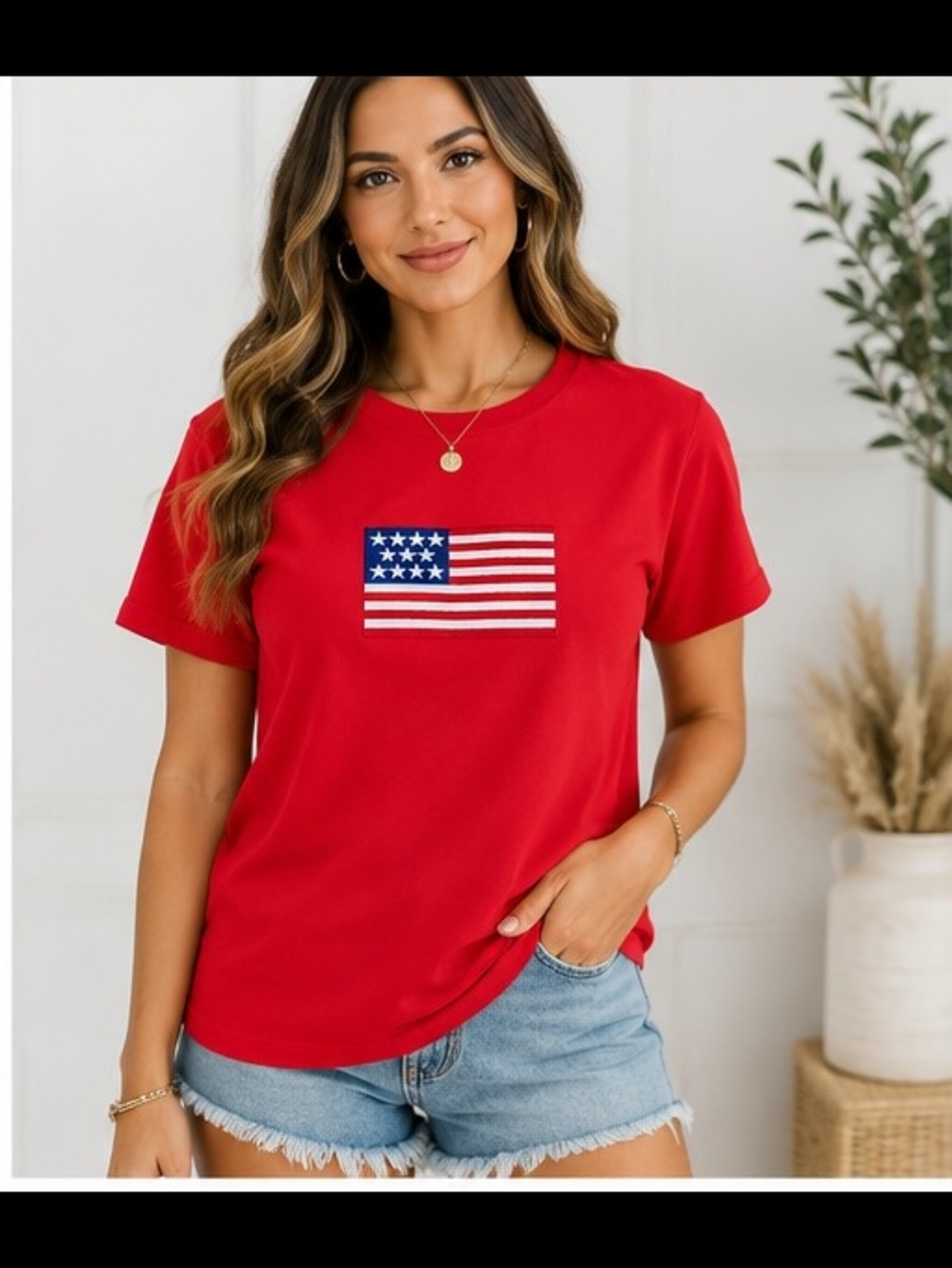 Zenana Red Embroidered USA Flag Tee Patriotic Boutique Top